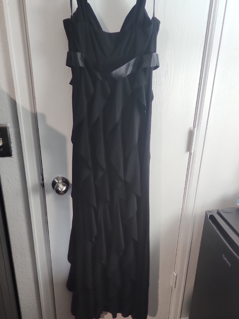 Betsy & Adam Black Ruffle Maxi Dress with Jeweled Accent - Picture 5 of 7